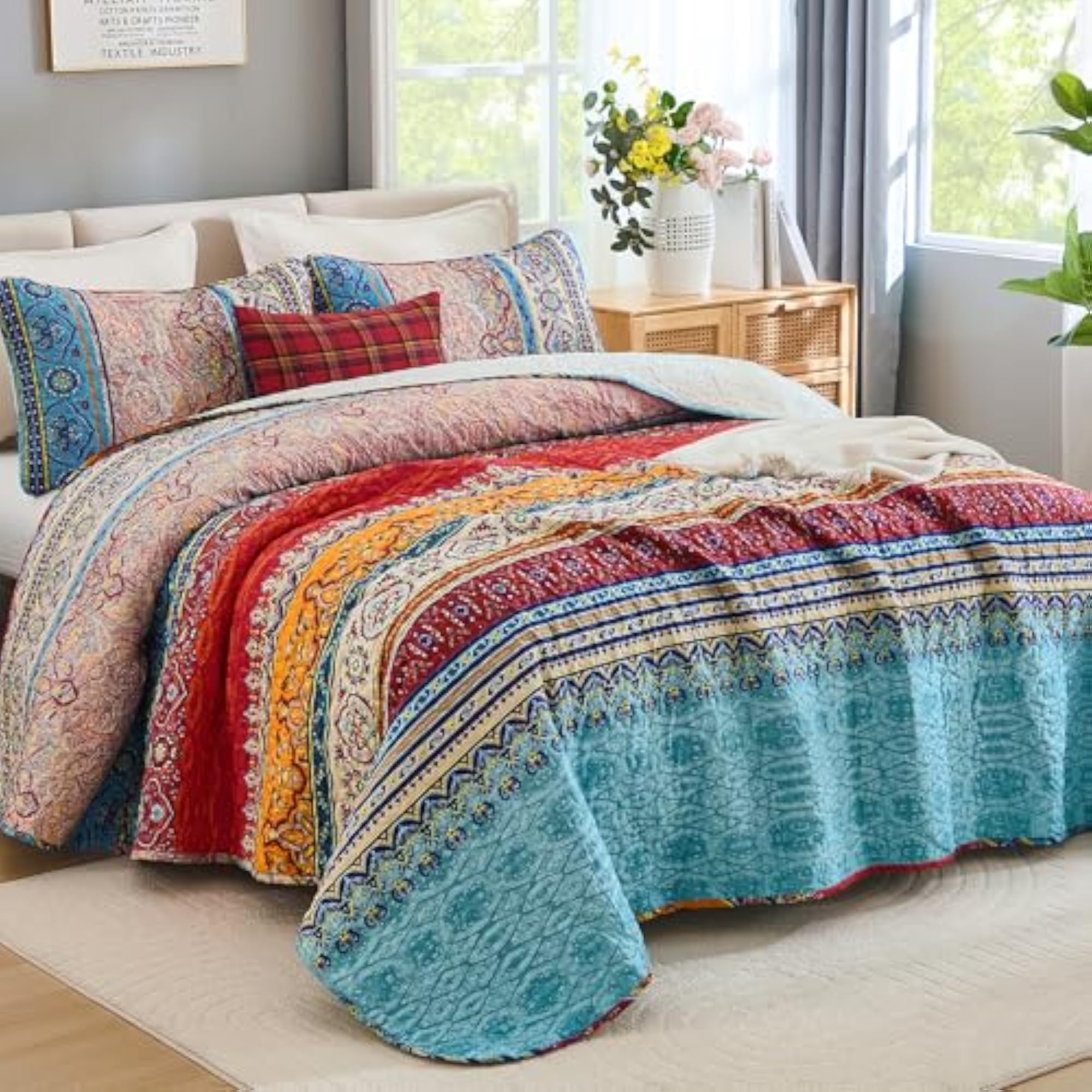 Bohemian Quilt Set Queen, Boho Striped Pattern Printed Quilt Coverlet